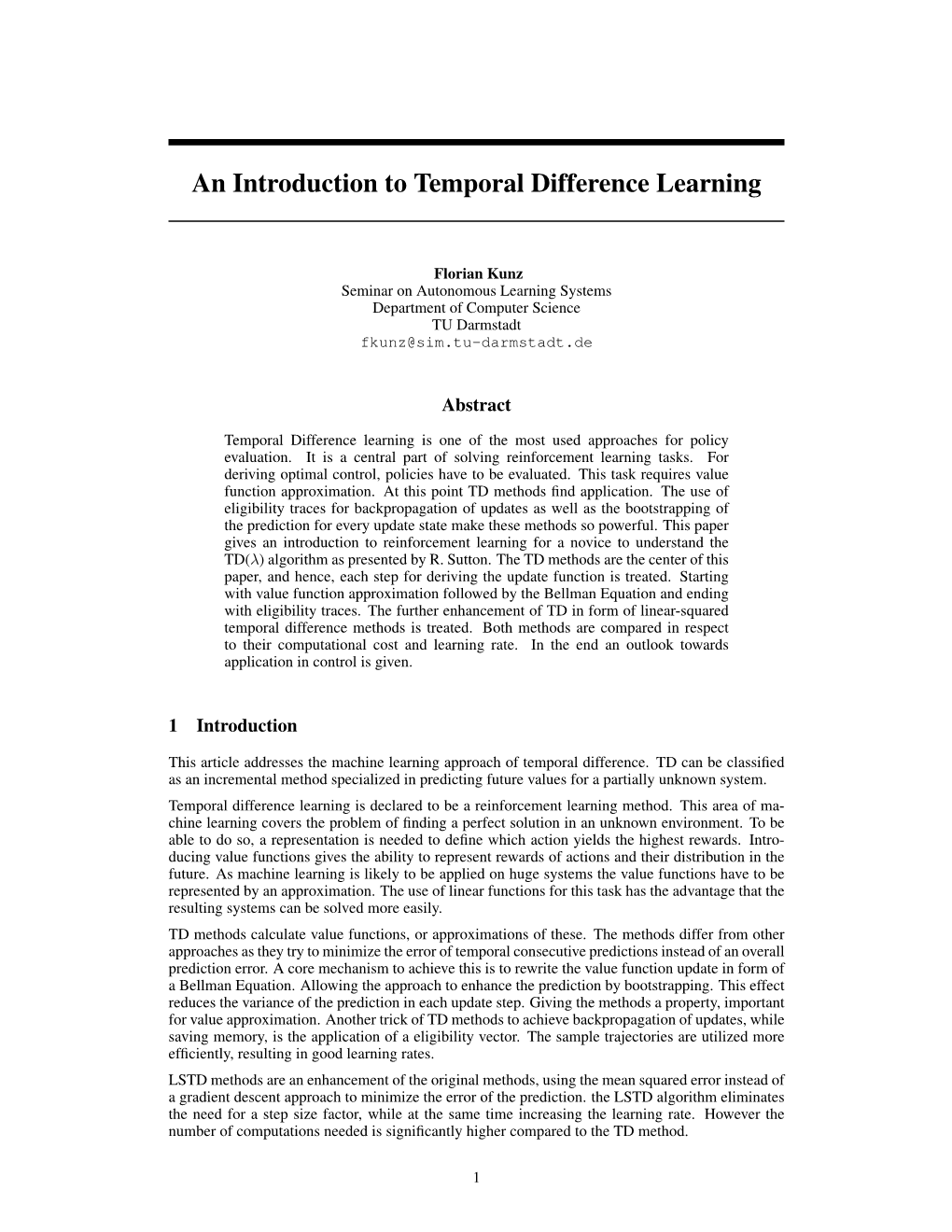 An Introduction to Temporal Difference Learning