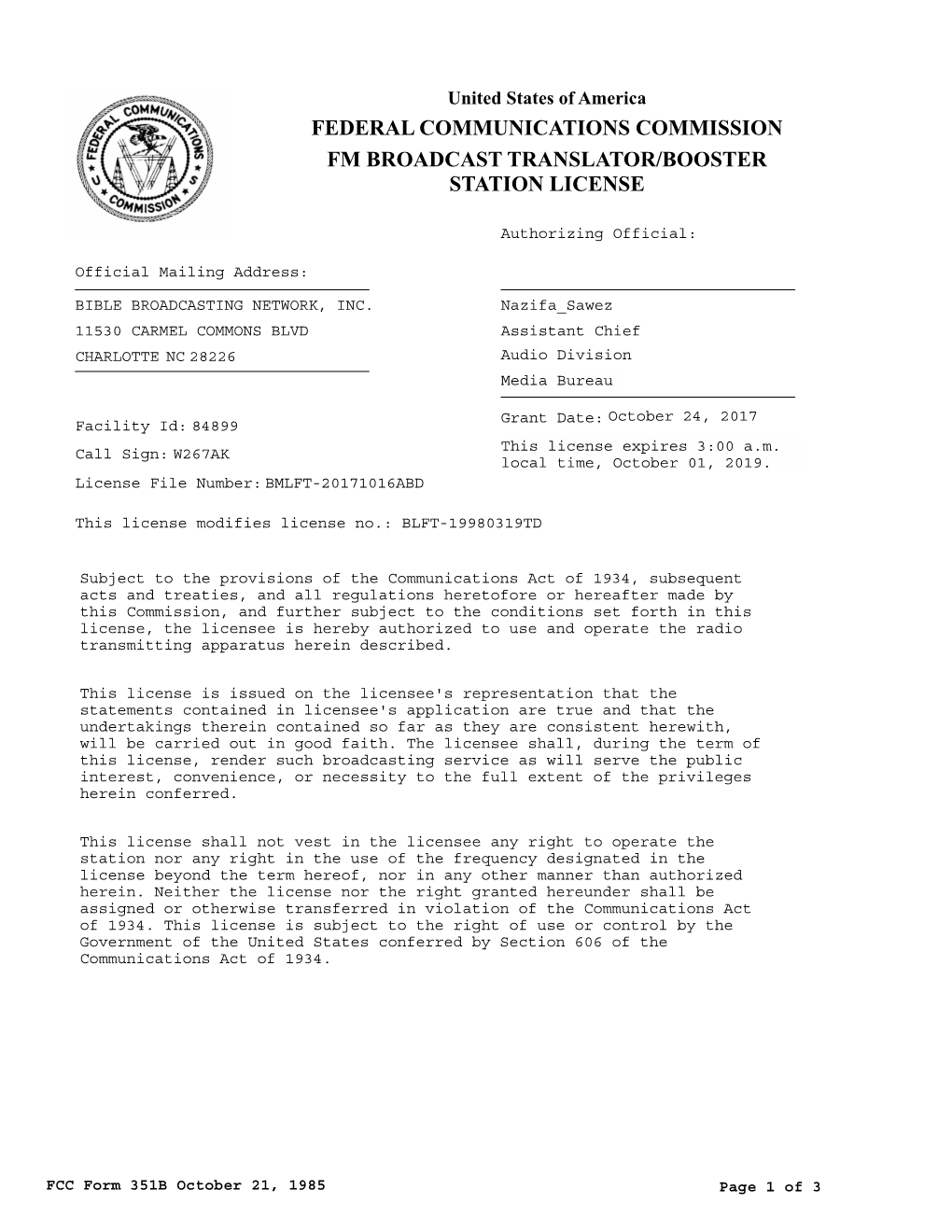 Federal Communications Commission Fm Broadcast Translator/Booster Station License