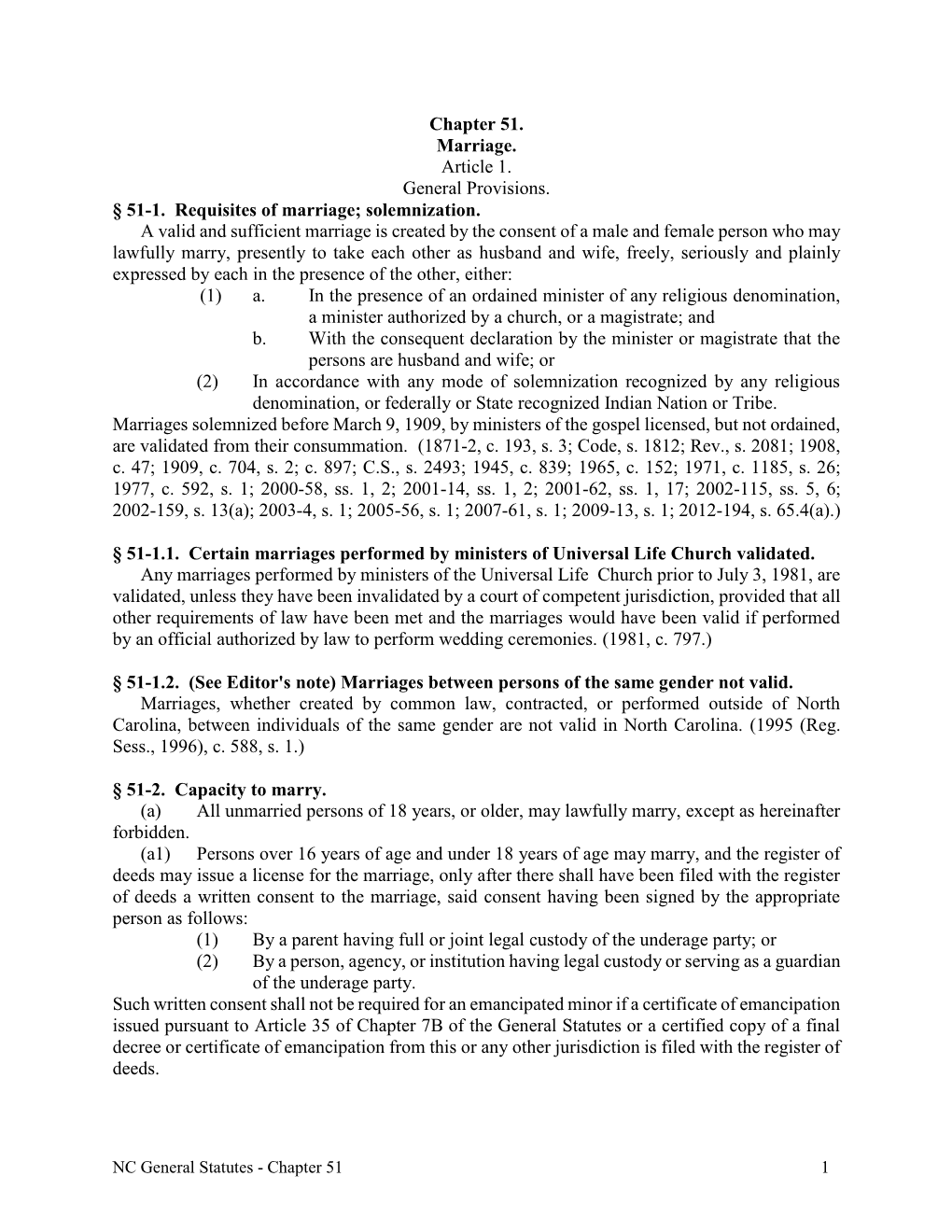 Chapter 51. Marriage. Article 1. General Provisions. § 51-1