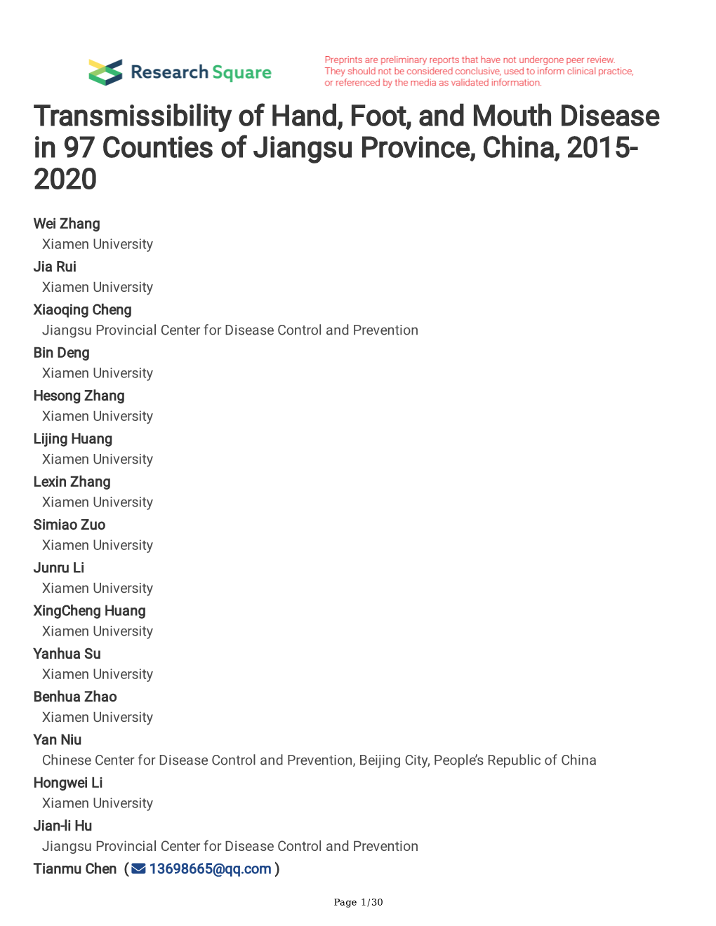 Transmissibility of Hand, Foot, and Mouth Disease in 97 Counties of Jiangsu Province, China, 2015- 2020