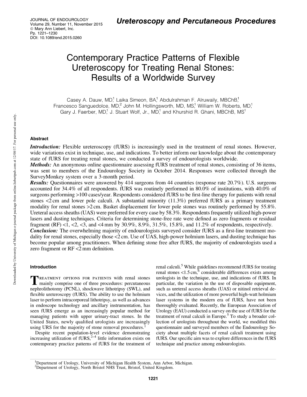 Contemporary Practice Patterns of Flexible Ureteroscopy for Treating Renal Stones: Results of a Worldwide Survey