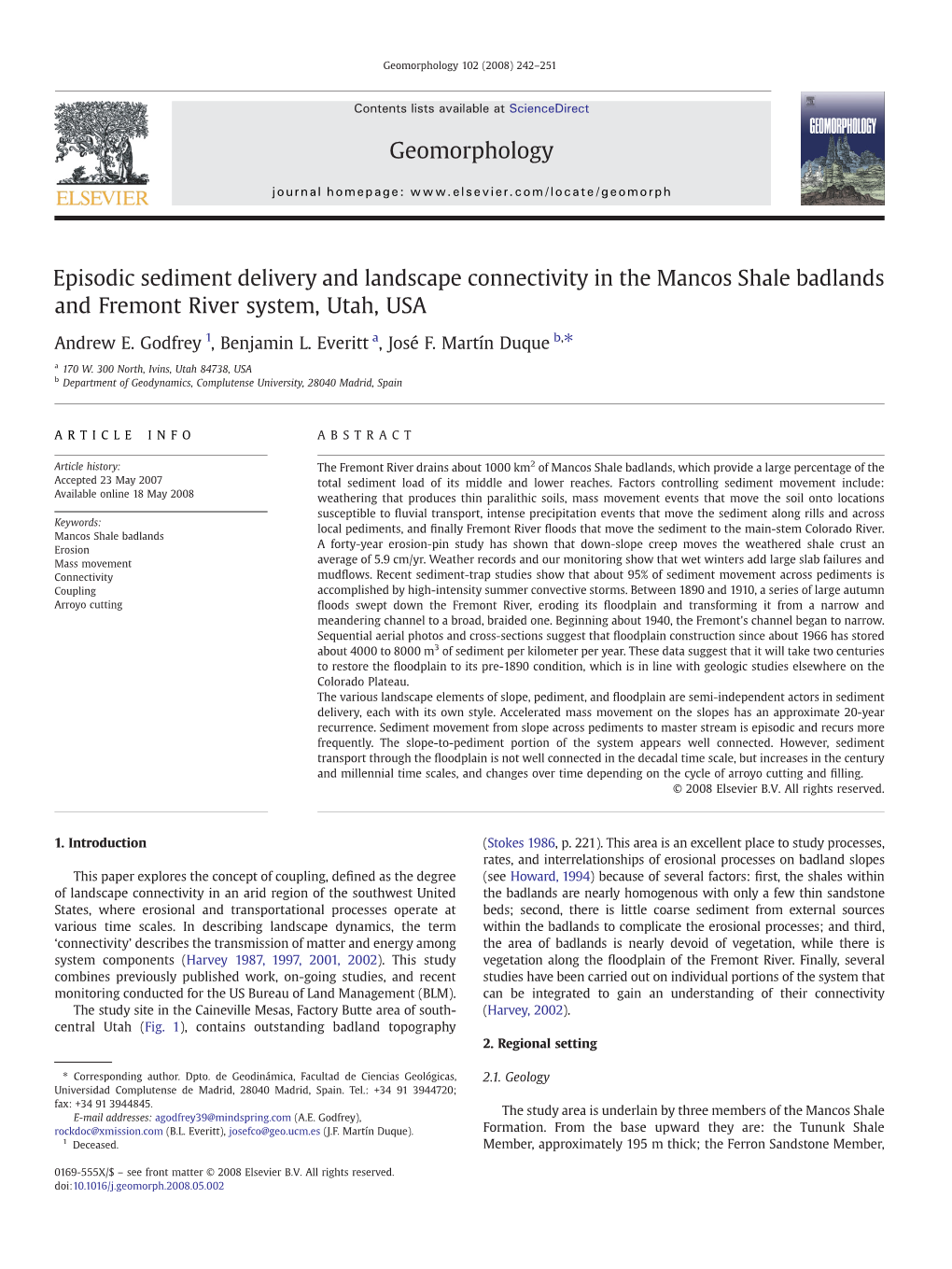 Episodic Sediment Delivery and Landscape Connectivity in the Mancos Shale Badlands and Fremont River System, Utah, USA