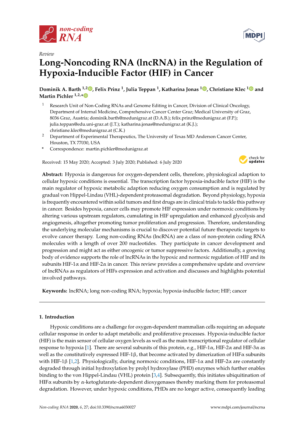 (Lncrna) in the Regulation of Hypoxia-Inducible Factor (HIF) in Cancer