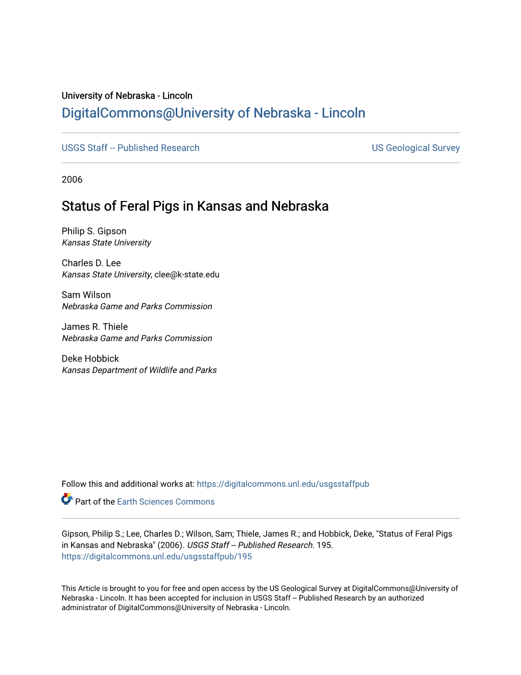 Status of Feral Pigs in Kansas and Nebraska