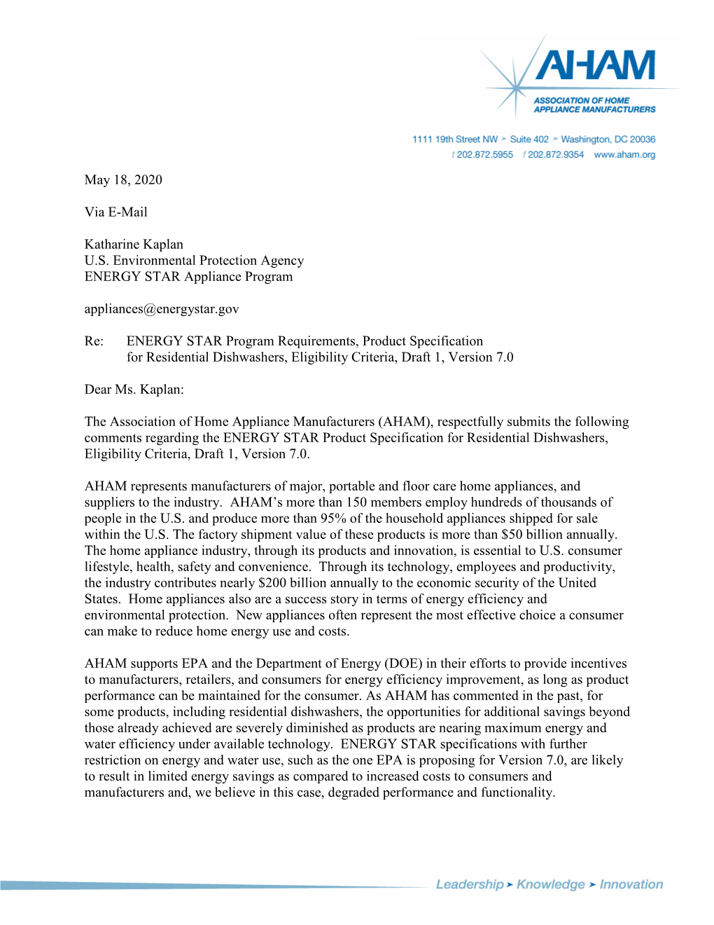 AHAM Comments on DOE’S NOPR for Energy Conservation Standards for Residential Dishwashers; Docket No