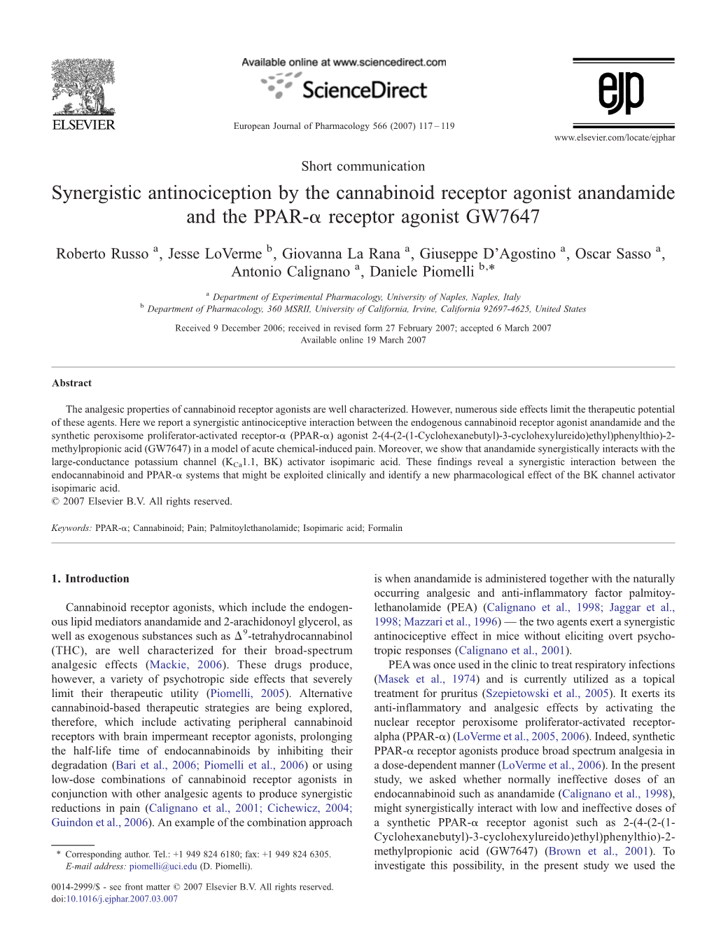 Synergistic Antinociception by the Cannabinoid Receptor Agonist Anandamide and the PPAR-Α Receptor Agonist GW7647