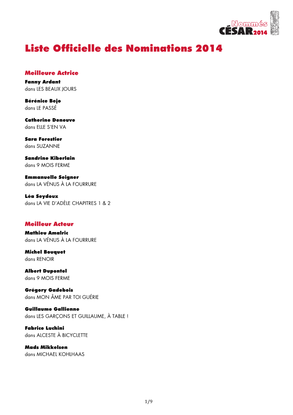 Liste Officielle Des Nominations 2014