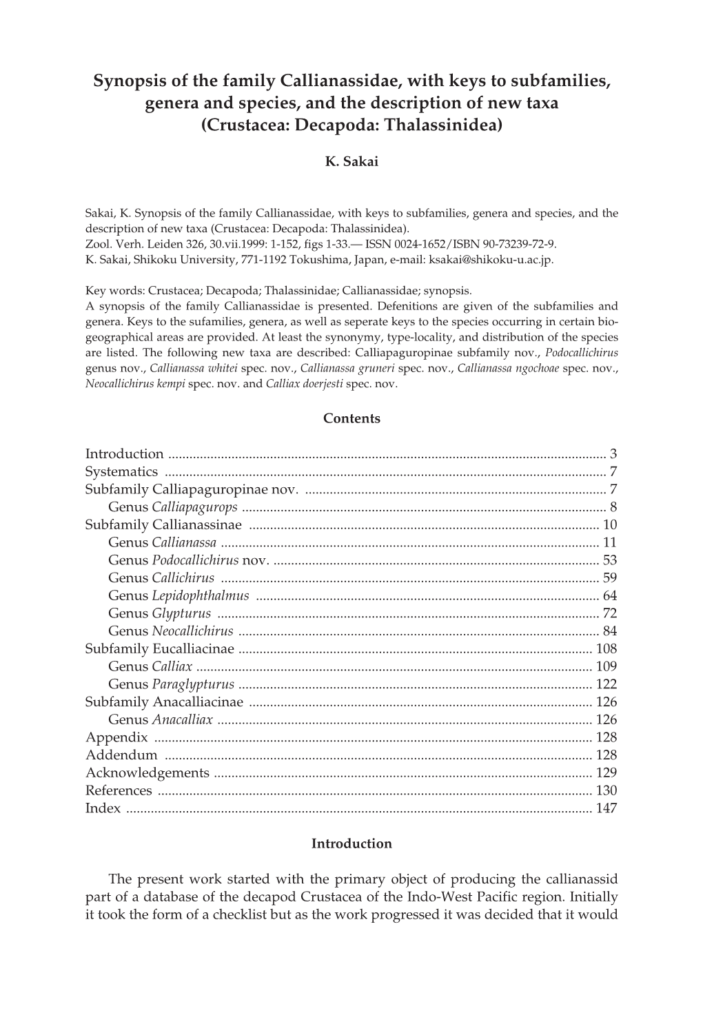 Synopsis of the Family Callianassidae, with Keys to Subfamilies, Genera and Species, and the Description of New Taxa (Crustacea: Decapoda: Thalassinidea)