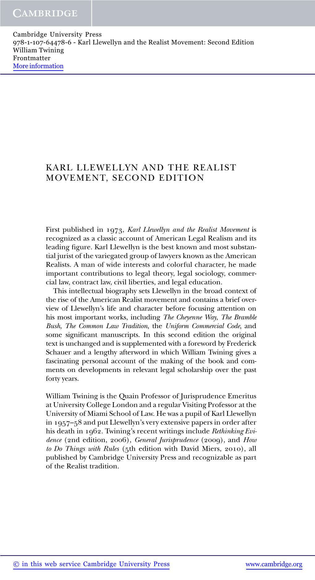 Karl Llewellyn and the Realist Movement, Second Edition