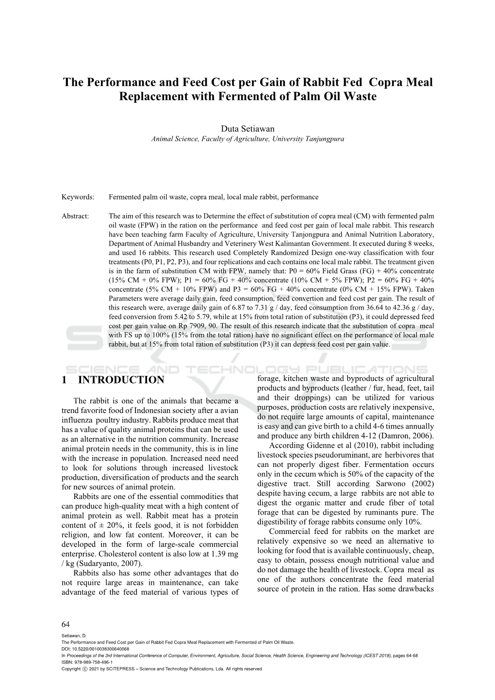 The Performance and Feed Cost Per Gain of Rabbit Fed Copra Meal Replacement with Fermented of Palm Oil Waste