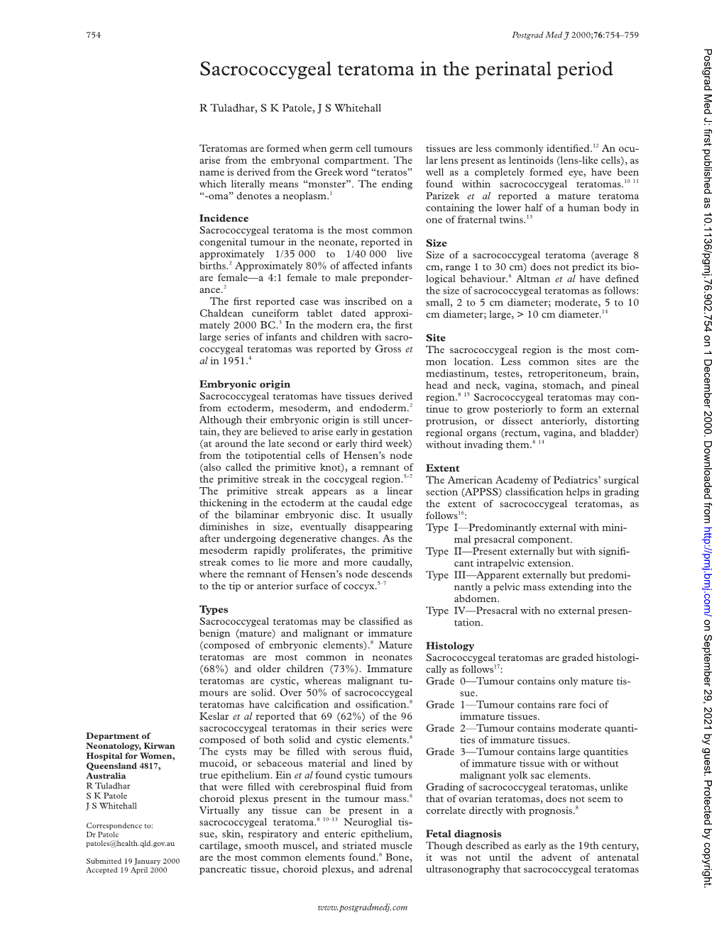 Sacrococcygeal Teratoma in the Perinatal Period