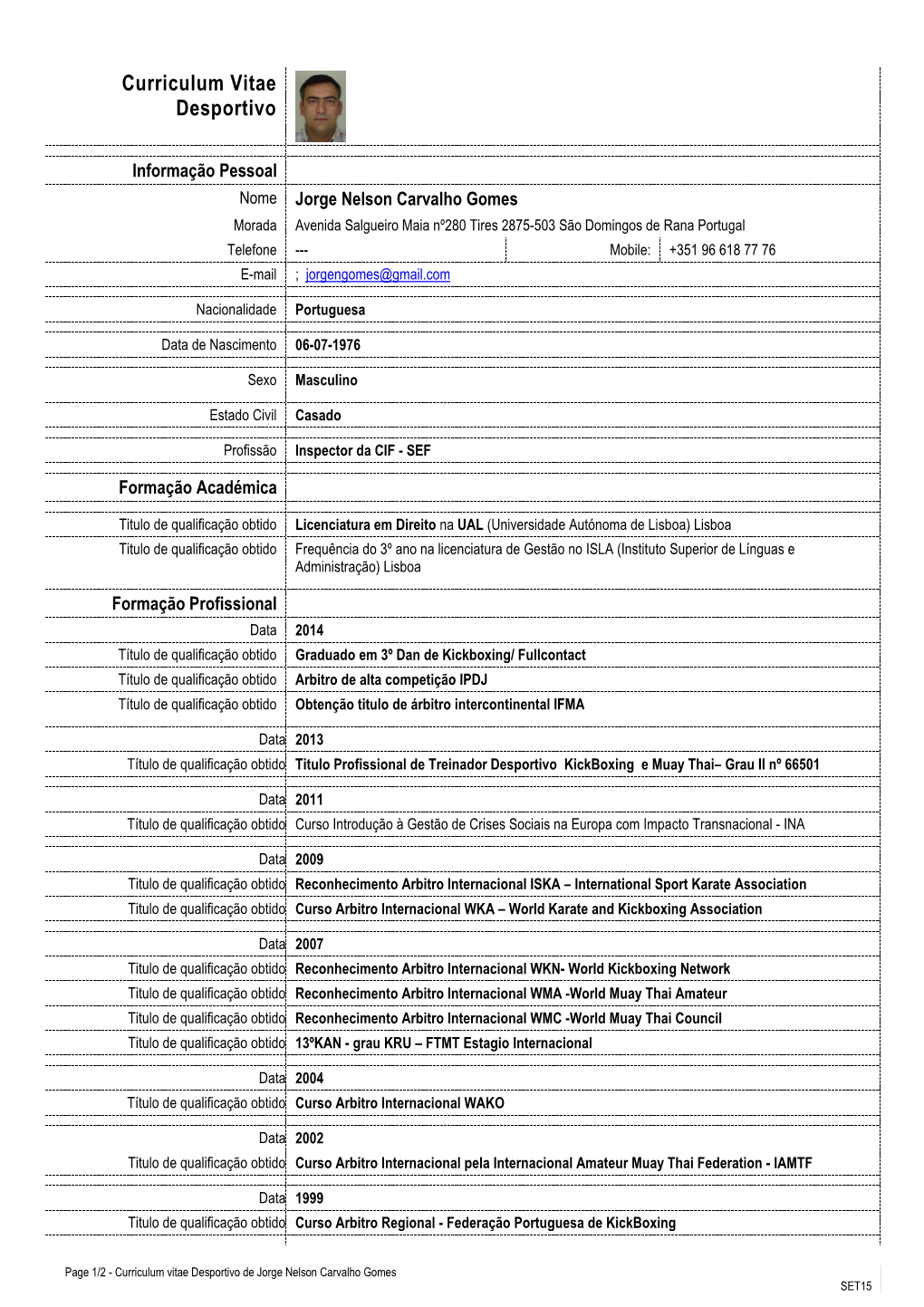 CV Desporto Jorge Gomes 2015 Resumo