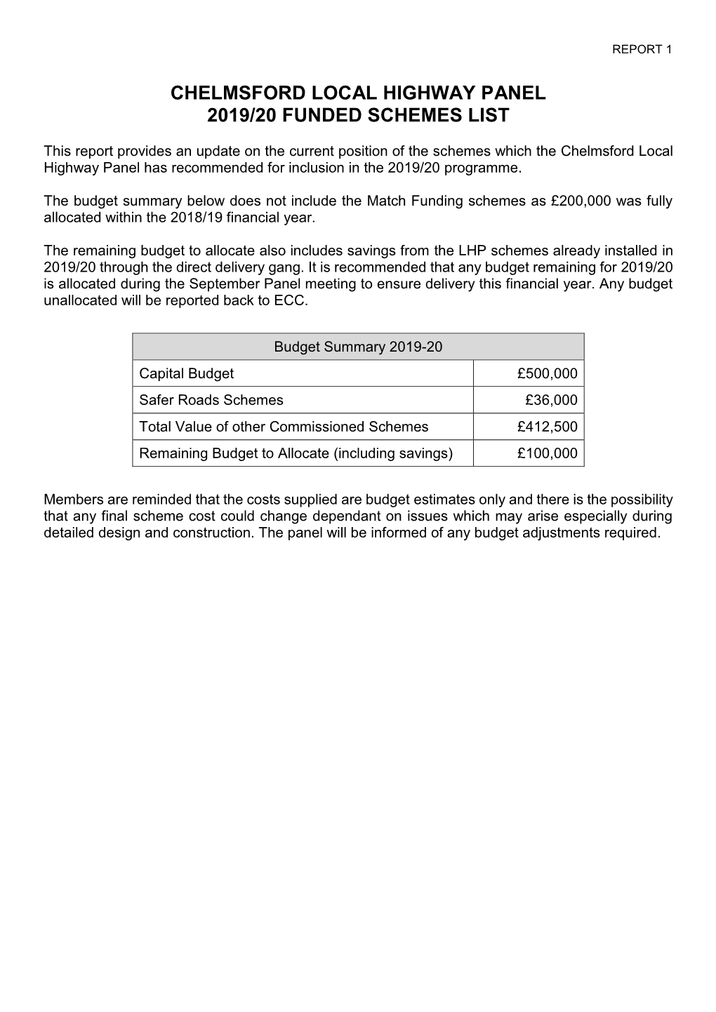 Chelmsford Local Highway Panel 2019/20 Funded Schemes List