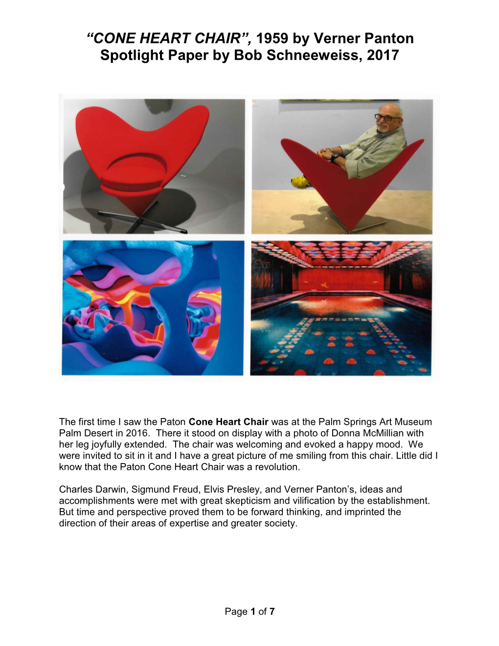 “CONE HEART CHAIR”, 1959 by Verner Panton Spotlight Paper by Bob Schneeweiss, 2017