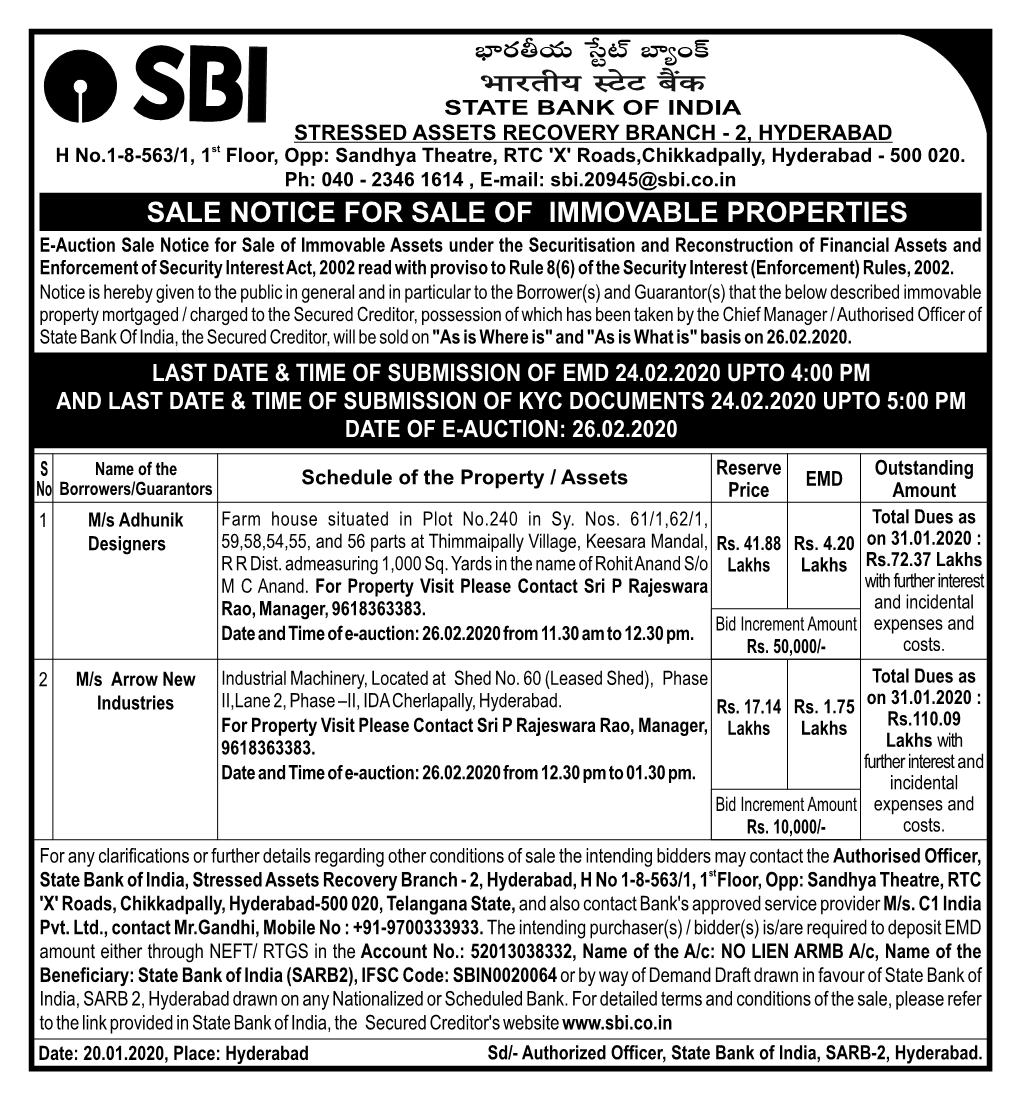 Sale Notice for Sale of Immovable Properties