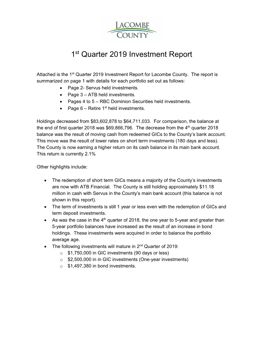 1St Quarter 2019 Investment Report