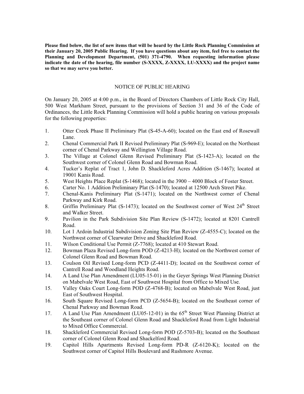 NOTICE of PUBLIC HEARING on January 20, 2005 at 4:00 P.M., In