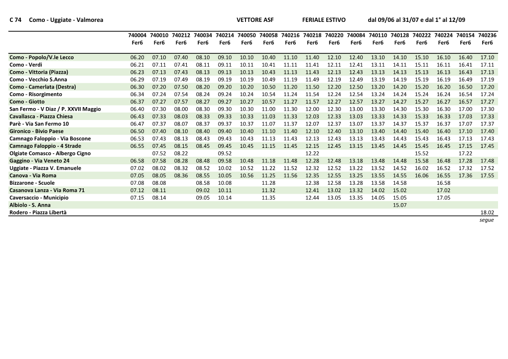 C 74 Como - Uggiate - Valmorea VETTORE ASF FERIALE ESTIVO Dal 09/06 Al 31/07 E Dal 1° Al 12/09