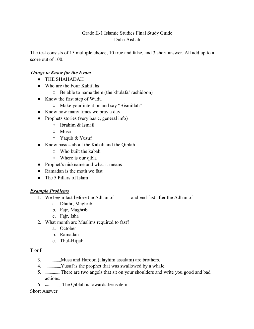 Grade II-1 Islamic Studies Final Study Guide Duha Aishah the Test