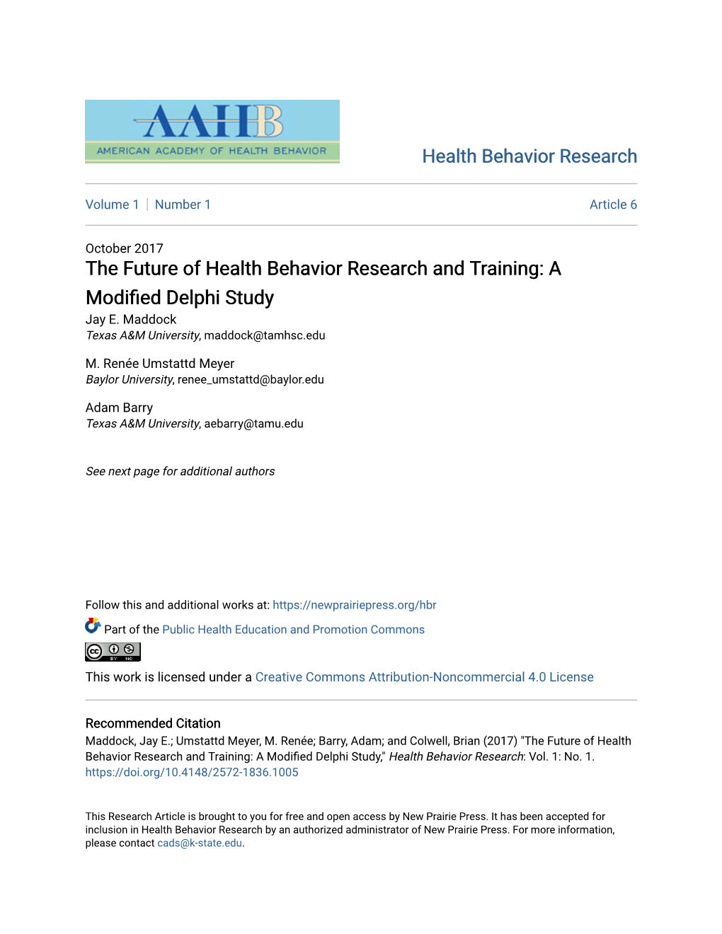 The Future of Health Behavior Research and Training: a Modified Delphi Study Jay E