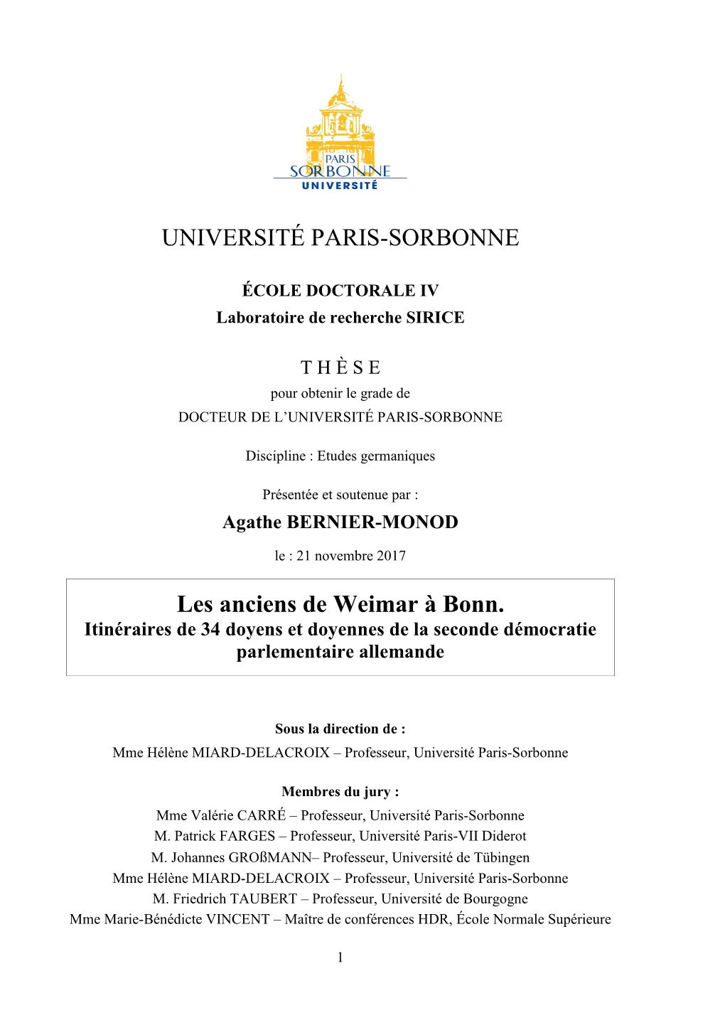 UNIVERSITÉ PARIS-SORBONNE Les Anciens De Weimar À Bonn