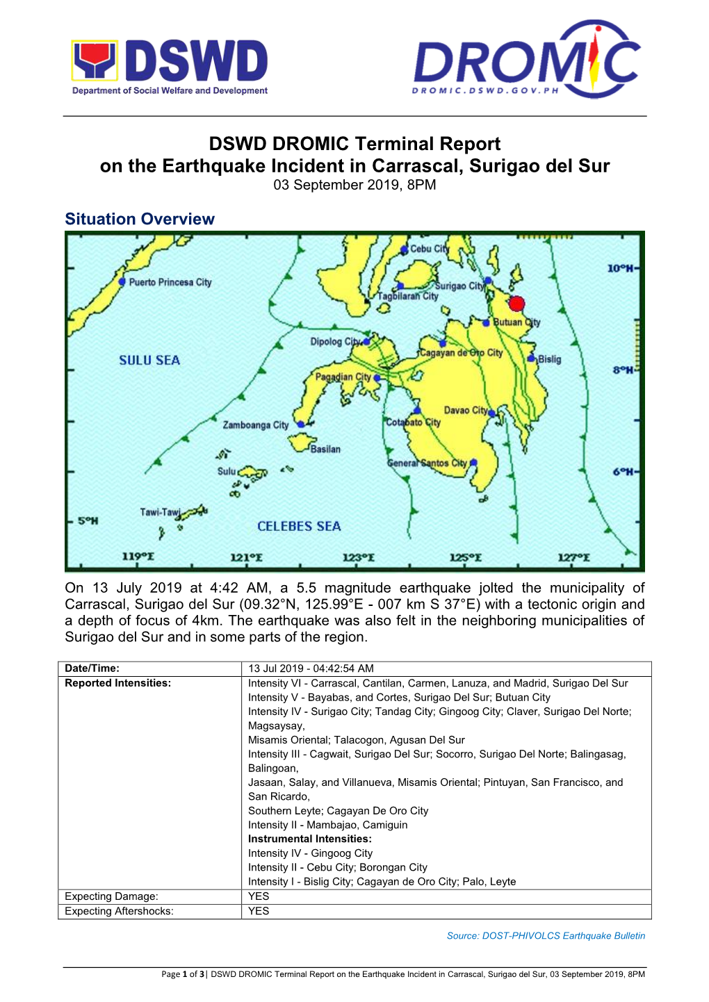 DSWD DROMIC Terminal Report on the Earthquake Incident in Carrascal, Surigao Del Sur 03 September 2019, 8PM