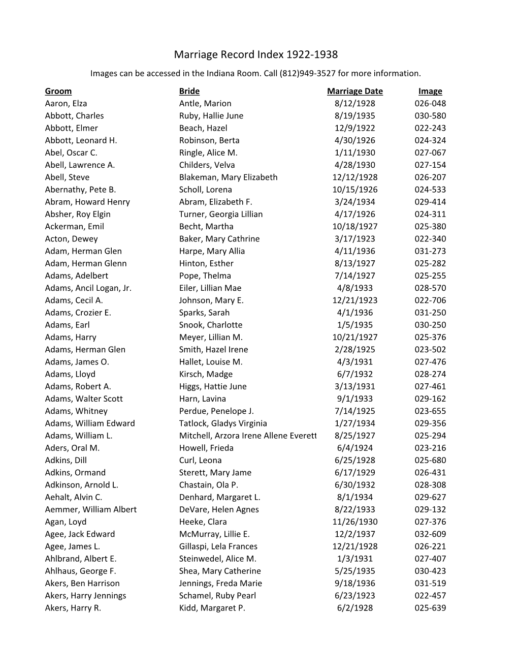 Marriage Record Index 1922-1938 Images Can Be Accessed in the Indiana Room