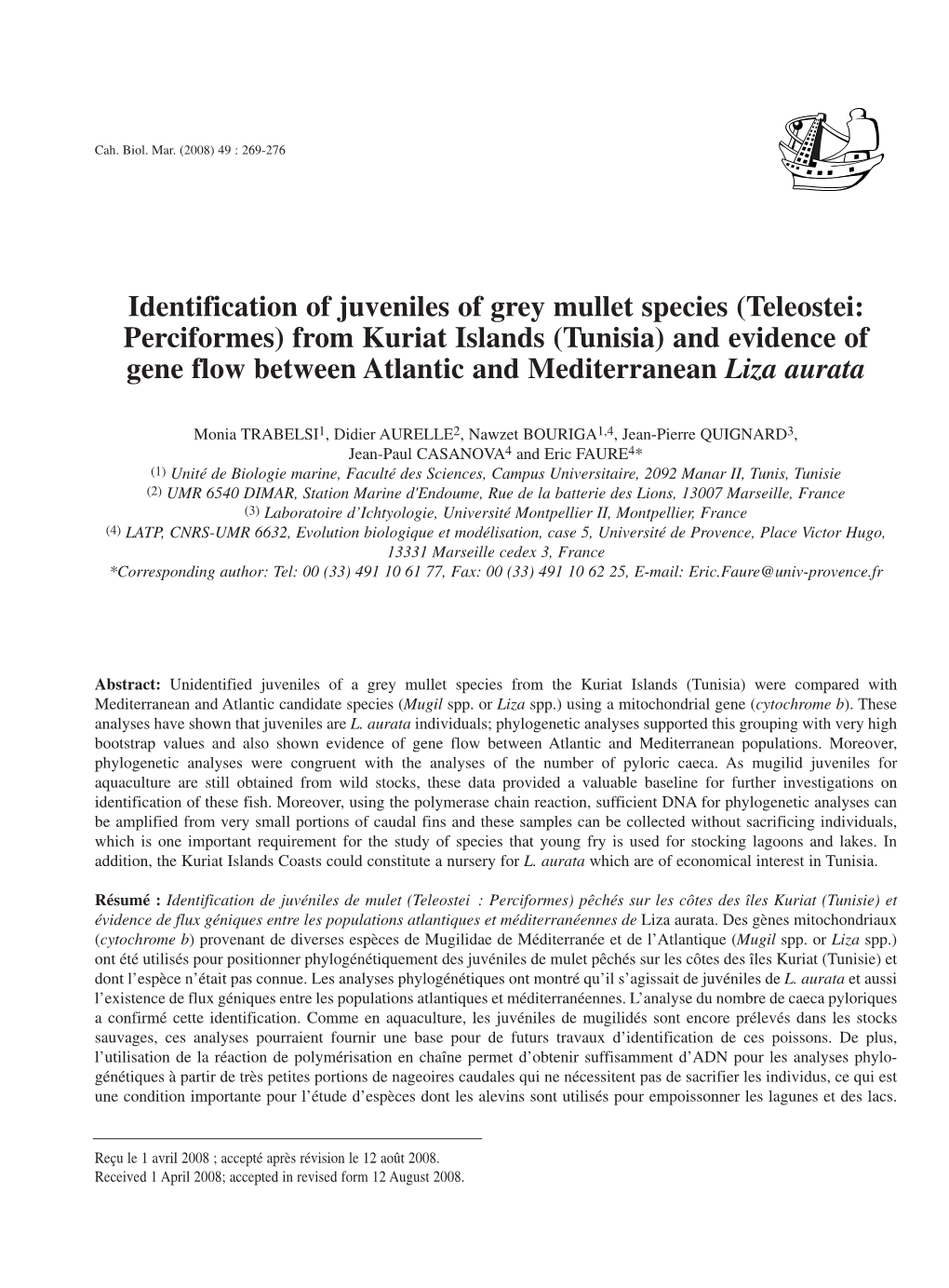 Identification of Juveniles of Grey Mullet Species (Teleostei