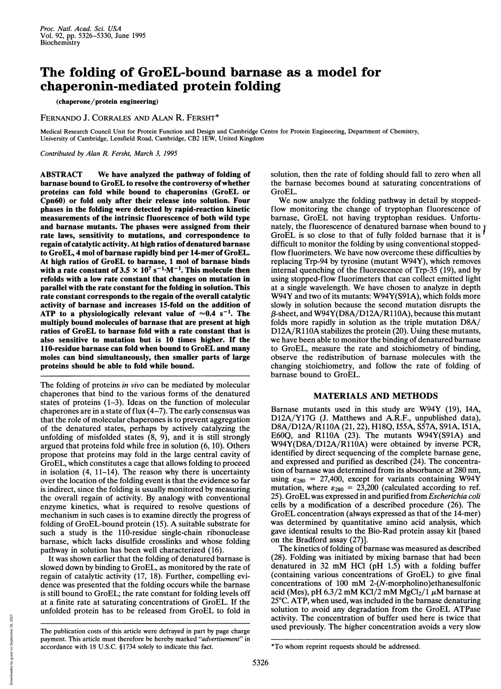 The Folding of Groel-Bound Barnase As a Model for Chaperonin-Mediated Protein Folding (Chaperone/Protein Engineering)