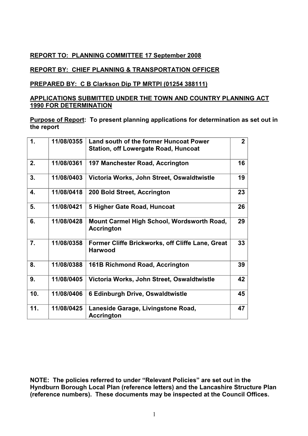 PLANNING COMMITTEE 17 September 2008 REPORT BY