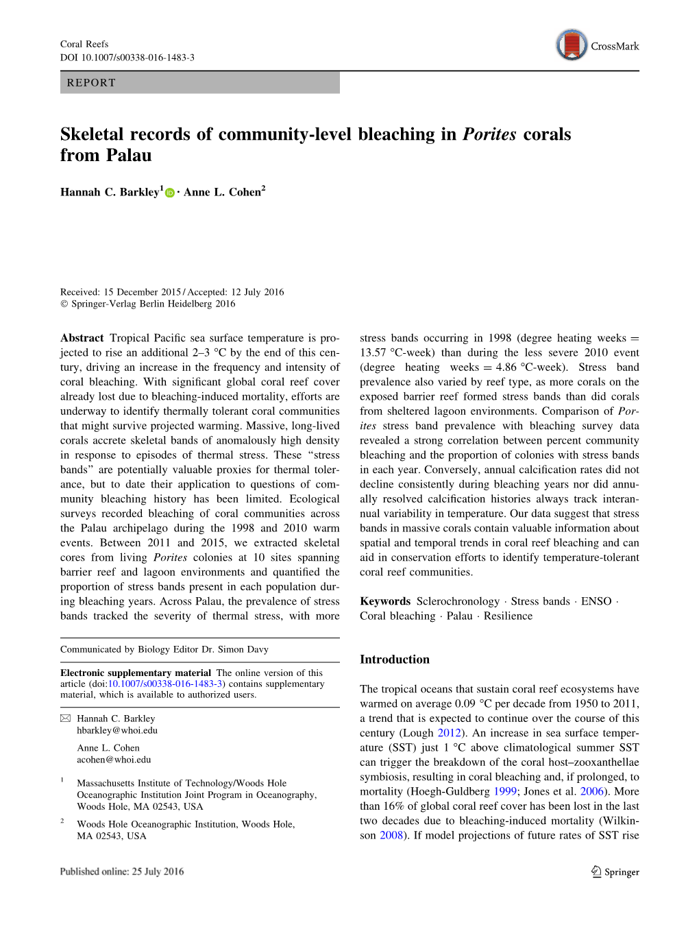 Skeletal Records of Community-Level Bleaching in Porites Corals from Palau