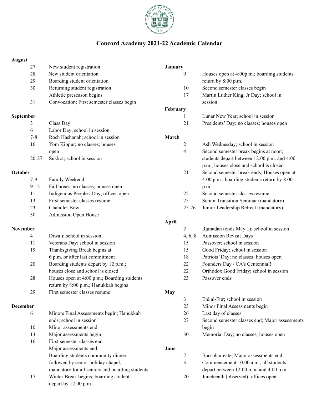 Academic Year Calendar 2021-22