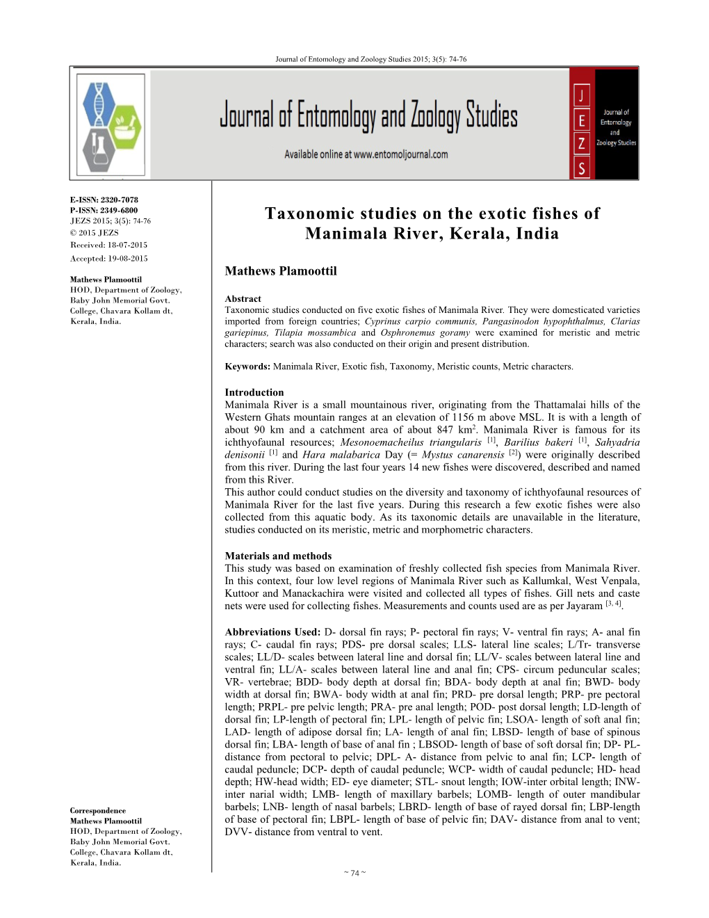 Taxonomic Studies on the Exotic Fishes of Manimala River, Kerala, India