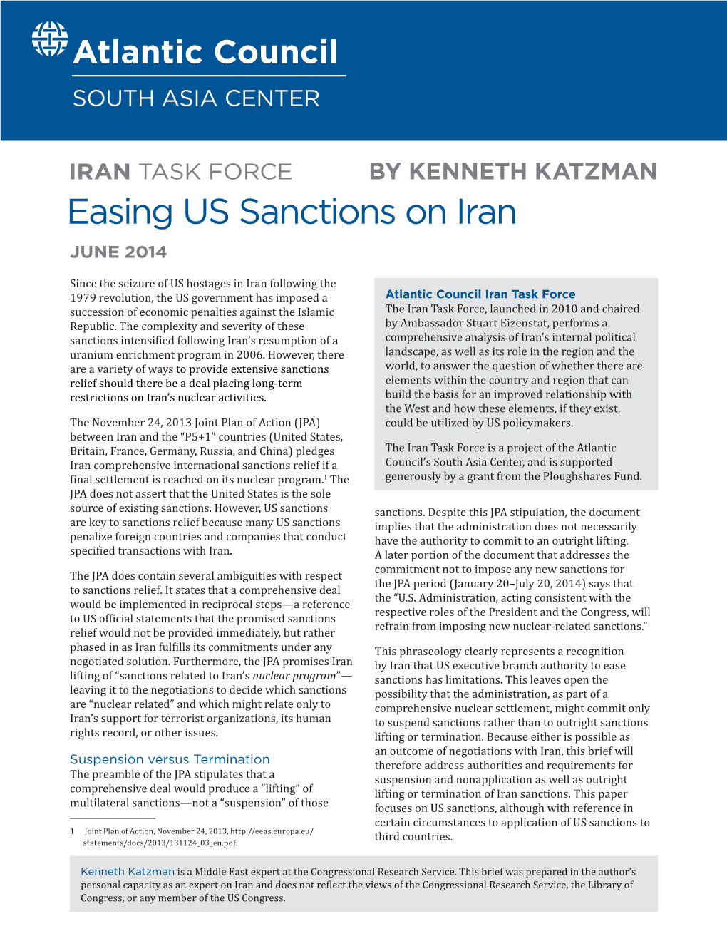 Easing US Sanctions on Iran JUNE 2014