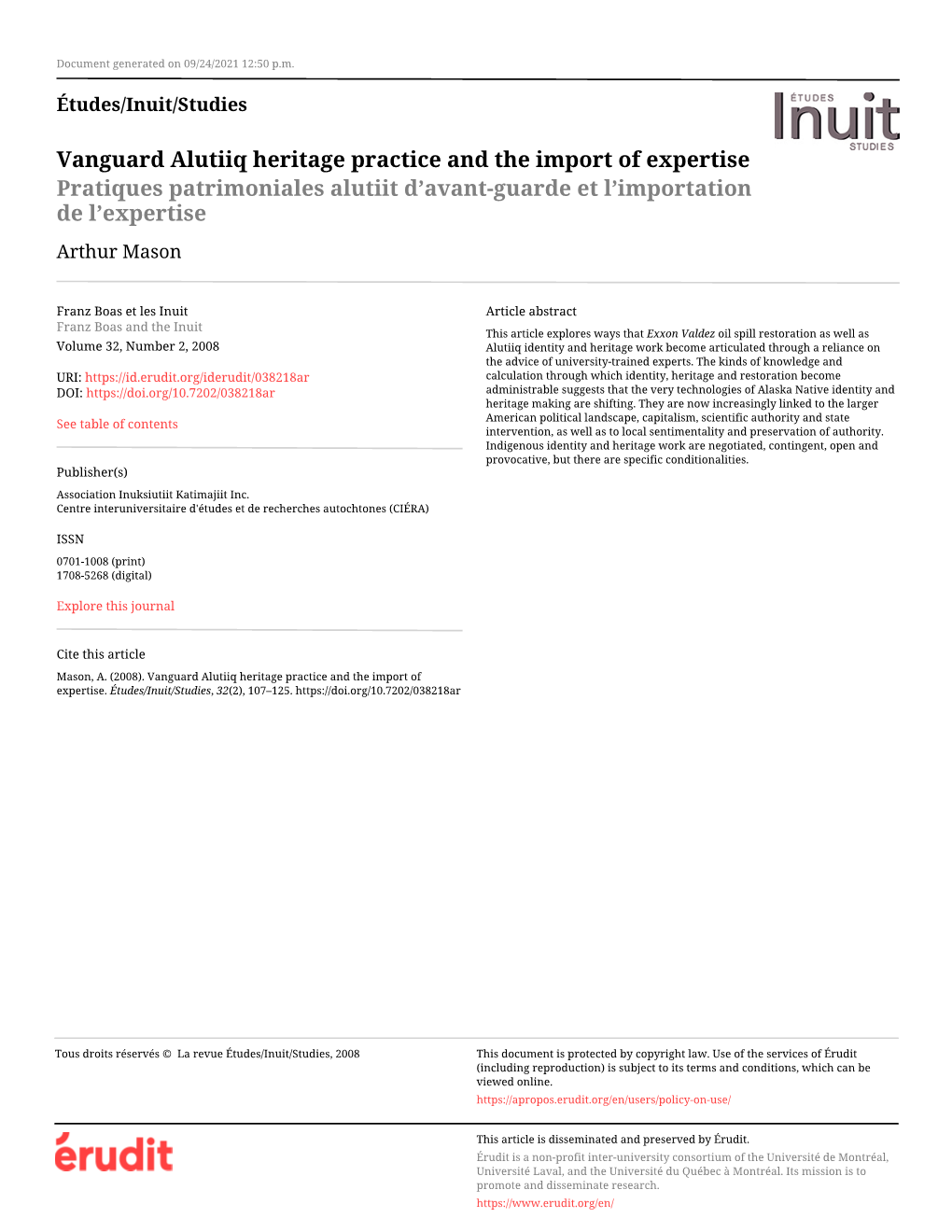 Vanguard Alutiiq Heritage Practice and the Import of Expertise Pratiques Patrimoniales Alutiit D’Avant-Guarde Et L’Importation De L’Expertise Arthur Mason