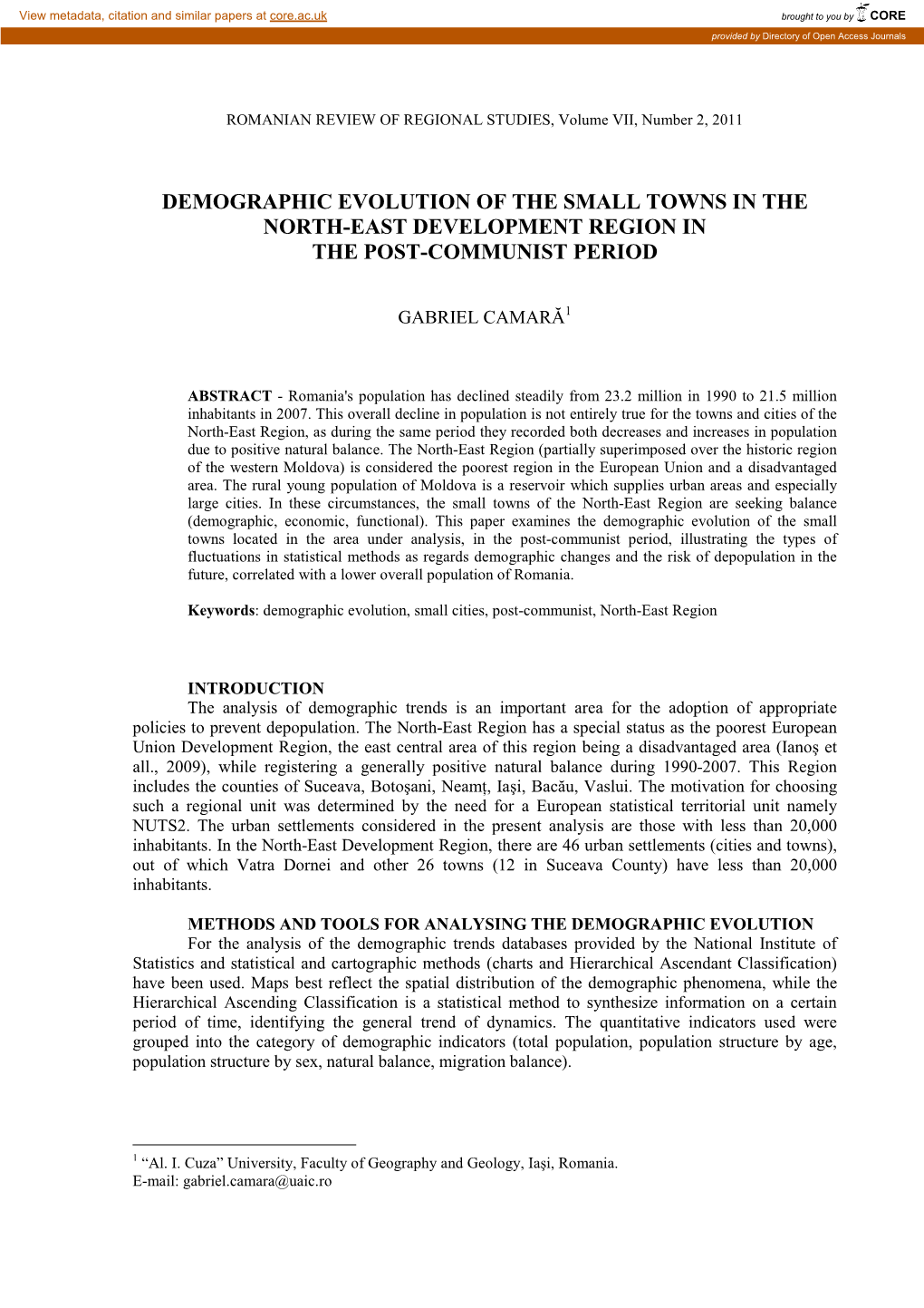 Demographic Evolution of the Small Towns in the North-East Development Region in the Post-Communist Period