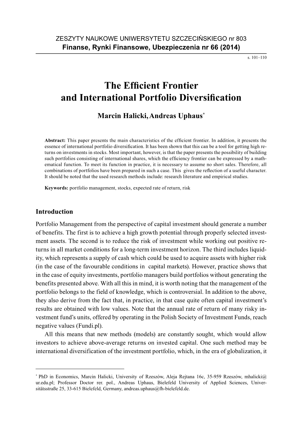 The Efficient Frontier and International Portfolio Diversification 103