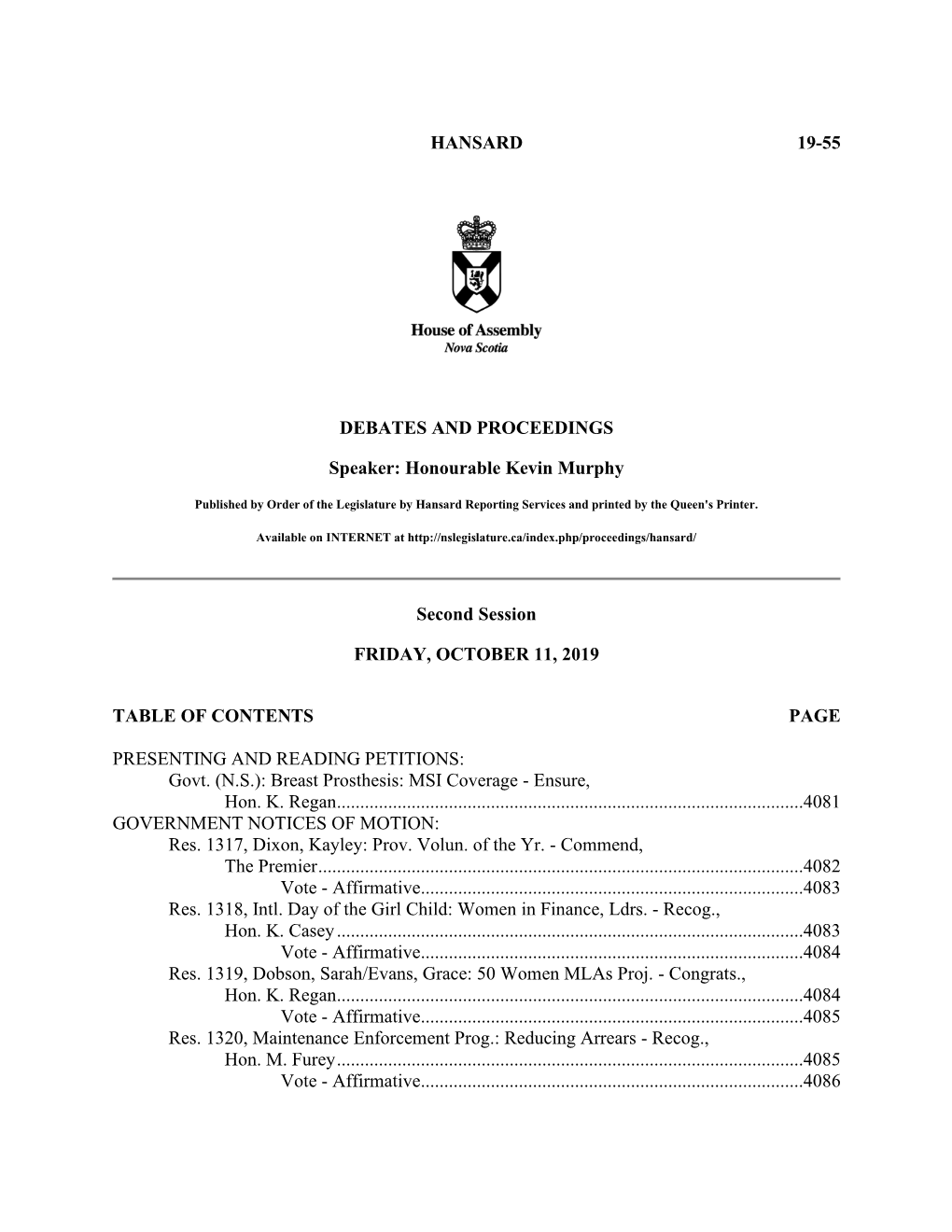 HANSARD 19-55 DEBATES and PROCEEDINGS Speaker