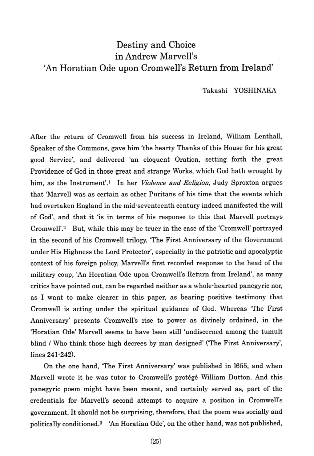 Destiny and Choice in Andrew Marvell's 'An Horatian Ode Upon Cromwell's Return from Ireland'