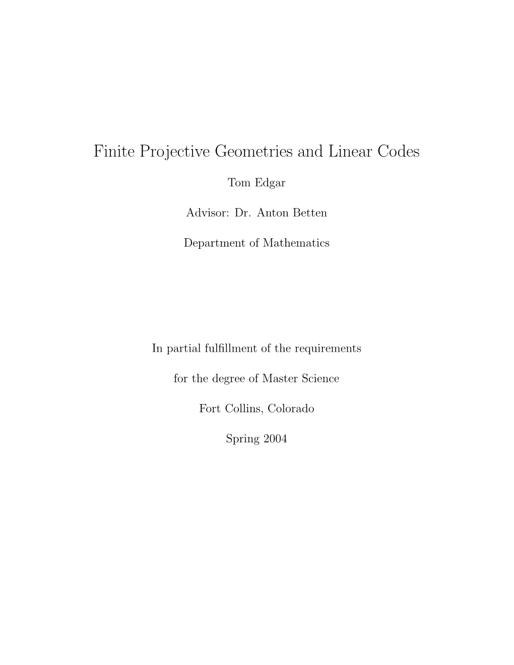 Finite Projective Geometries and Linear Codes