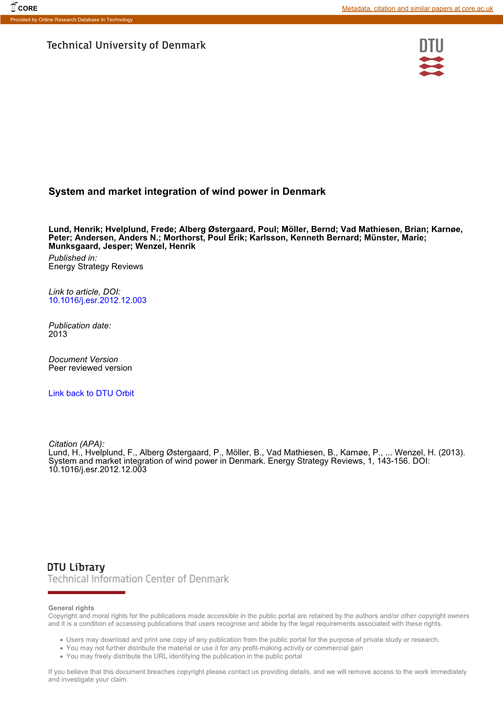 System and Market Integration of Wind Power in Denmark