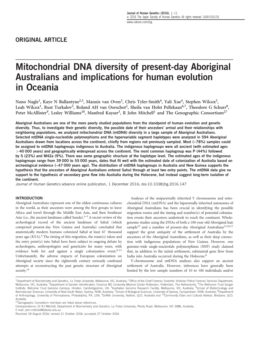 Mitochondrial DNA Diversity of Present-Day Aboriginal Australians and Implications for Human Evolution in Oceania