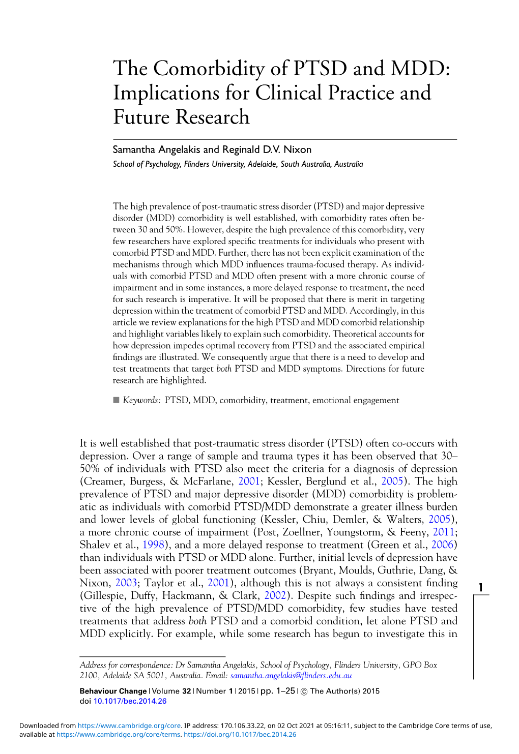 The Comorbidity of PTSD and MDD: Implications for Clinical Practice and Future Research