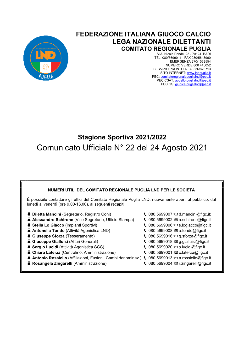 Comunicato Ufficiale N° 22 Del 24 Agosto 2021