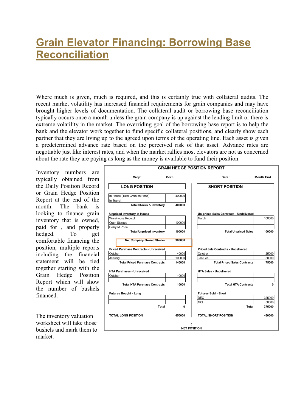 Grain Elevator Financing: Borrowing Base Reconciliation