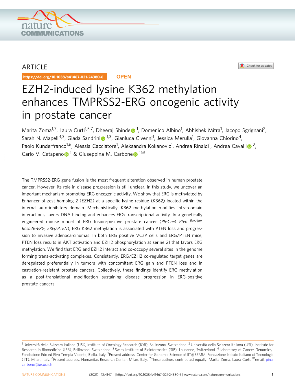 EZH2-Induced Lysine K362 Methylation Enhances TMPRSS2-ERG Oncogenic Activity in Prostate Cancer