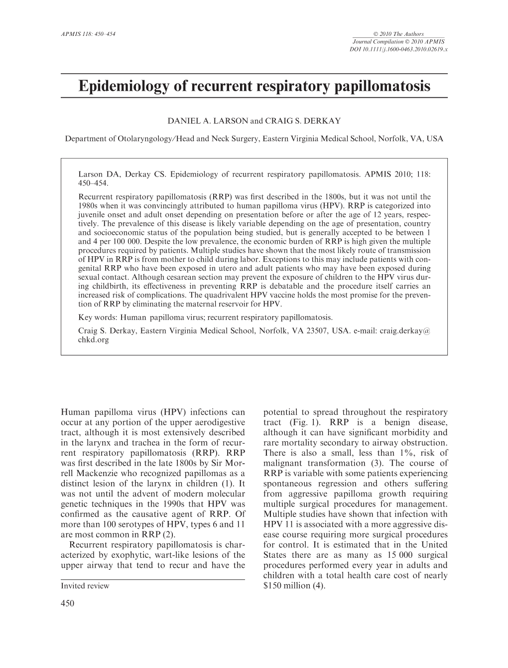 Epidemiology of Recurrent Respiratory Papillomatosis