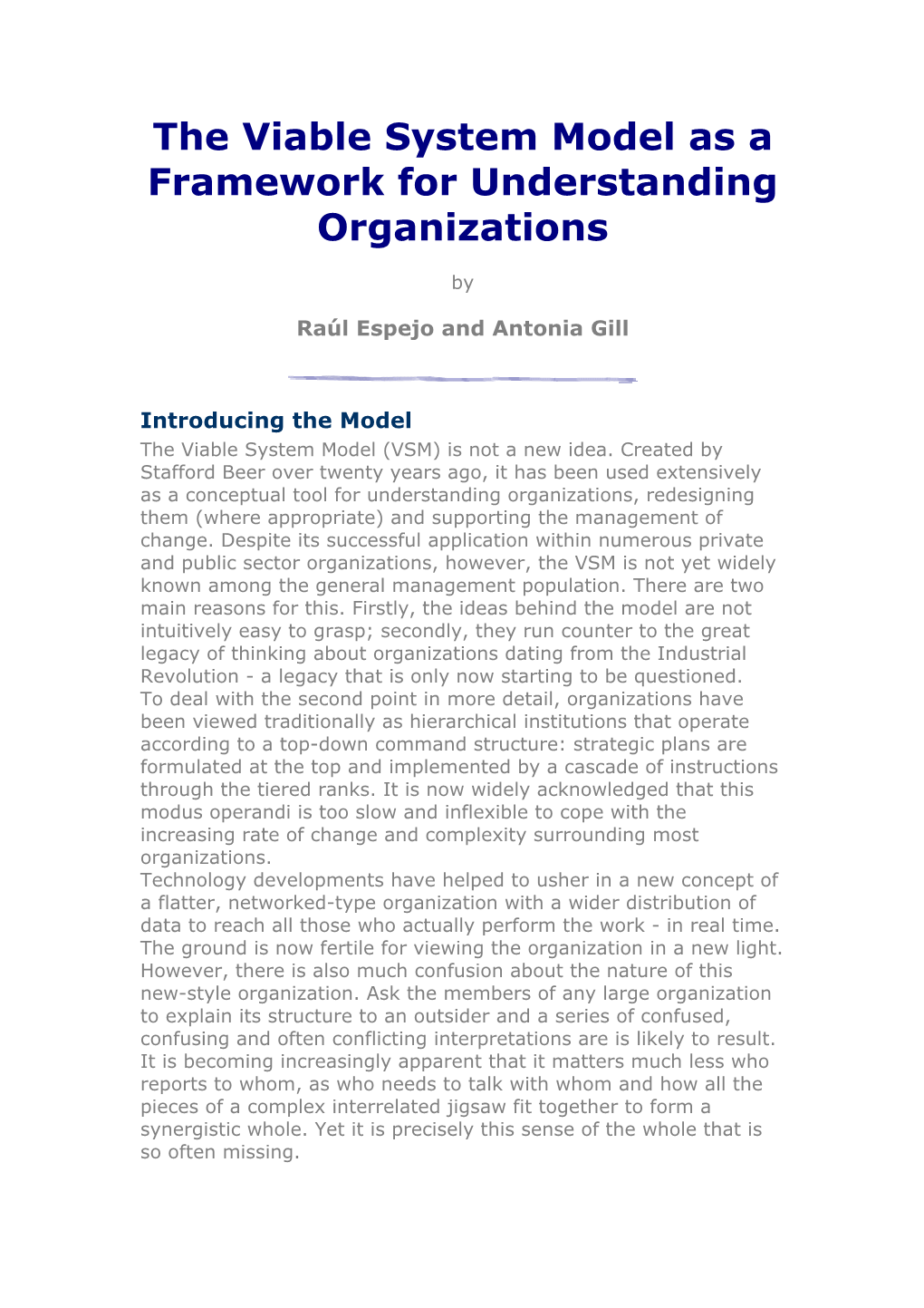 Viable System Model As a Framework for Understanding