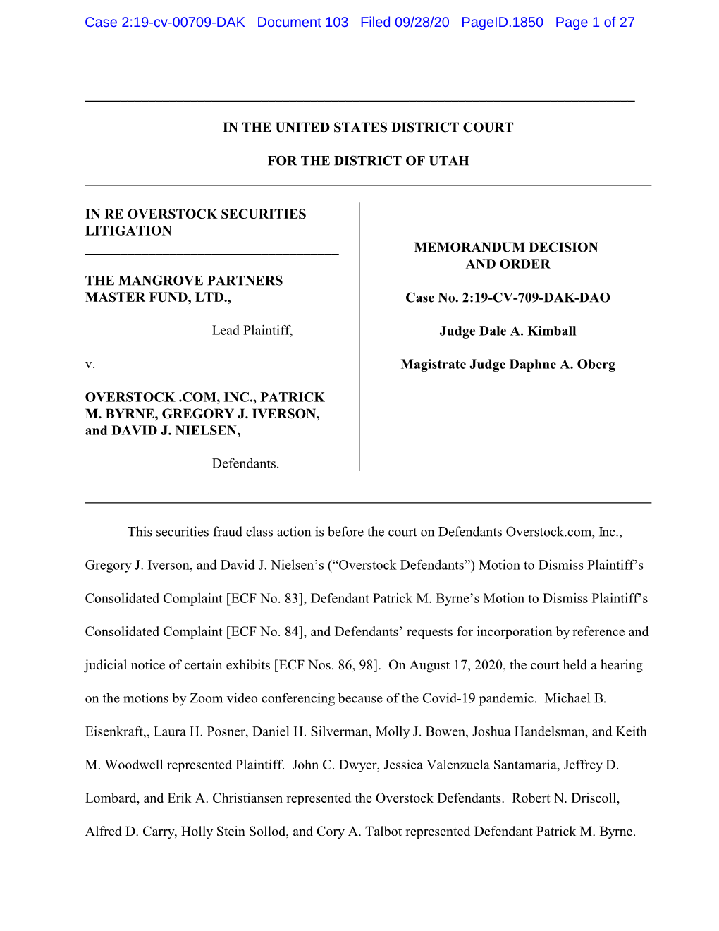 In Re Overstock Securities Litigation 19-CV-00709-Memorandum Decision and Order