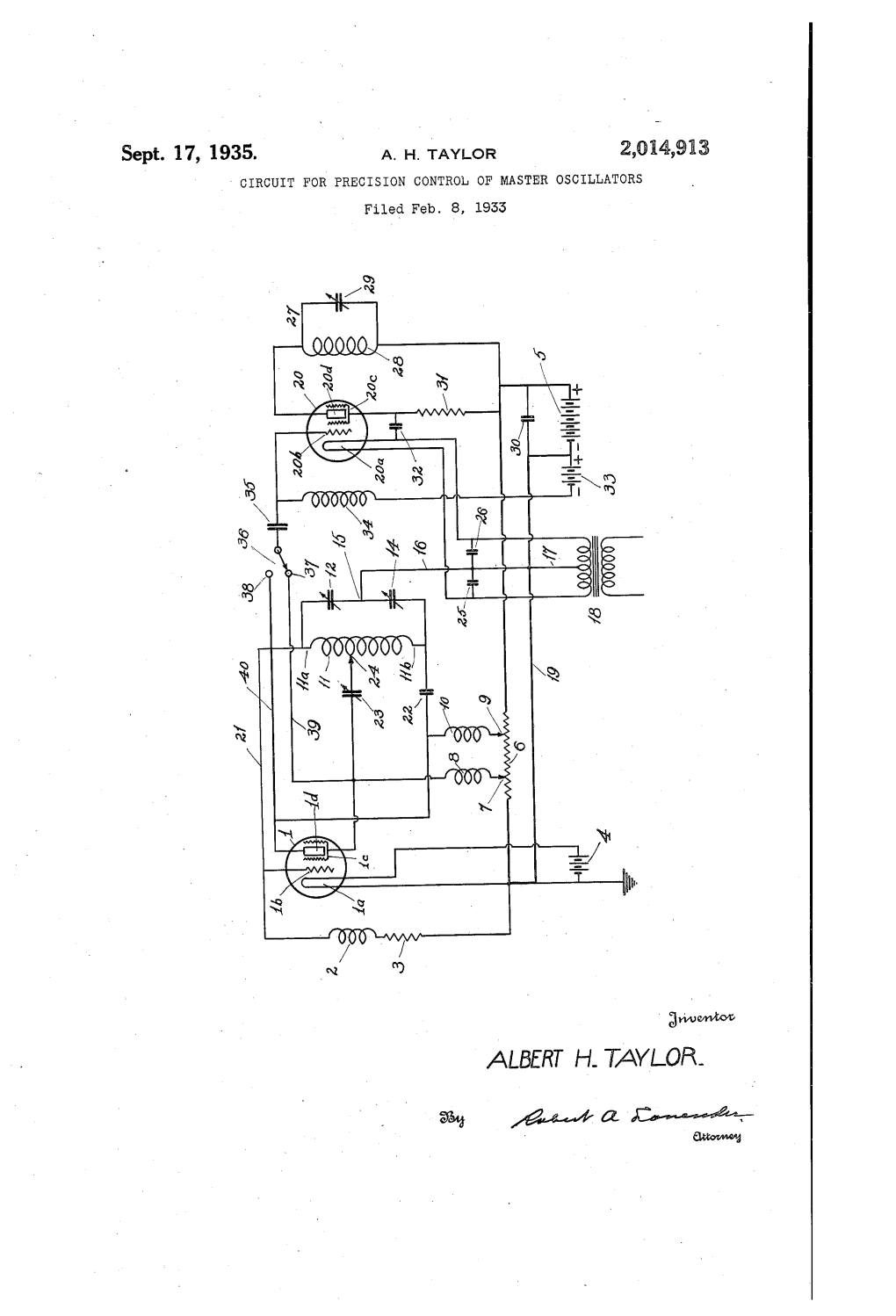 Sept. 17, 1935. A. H. TAYLOR 2,04,913 CIRCUIT for PRECISION CONTRO of MASTER OSCILLATORS Filed Feb